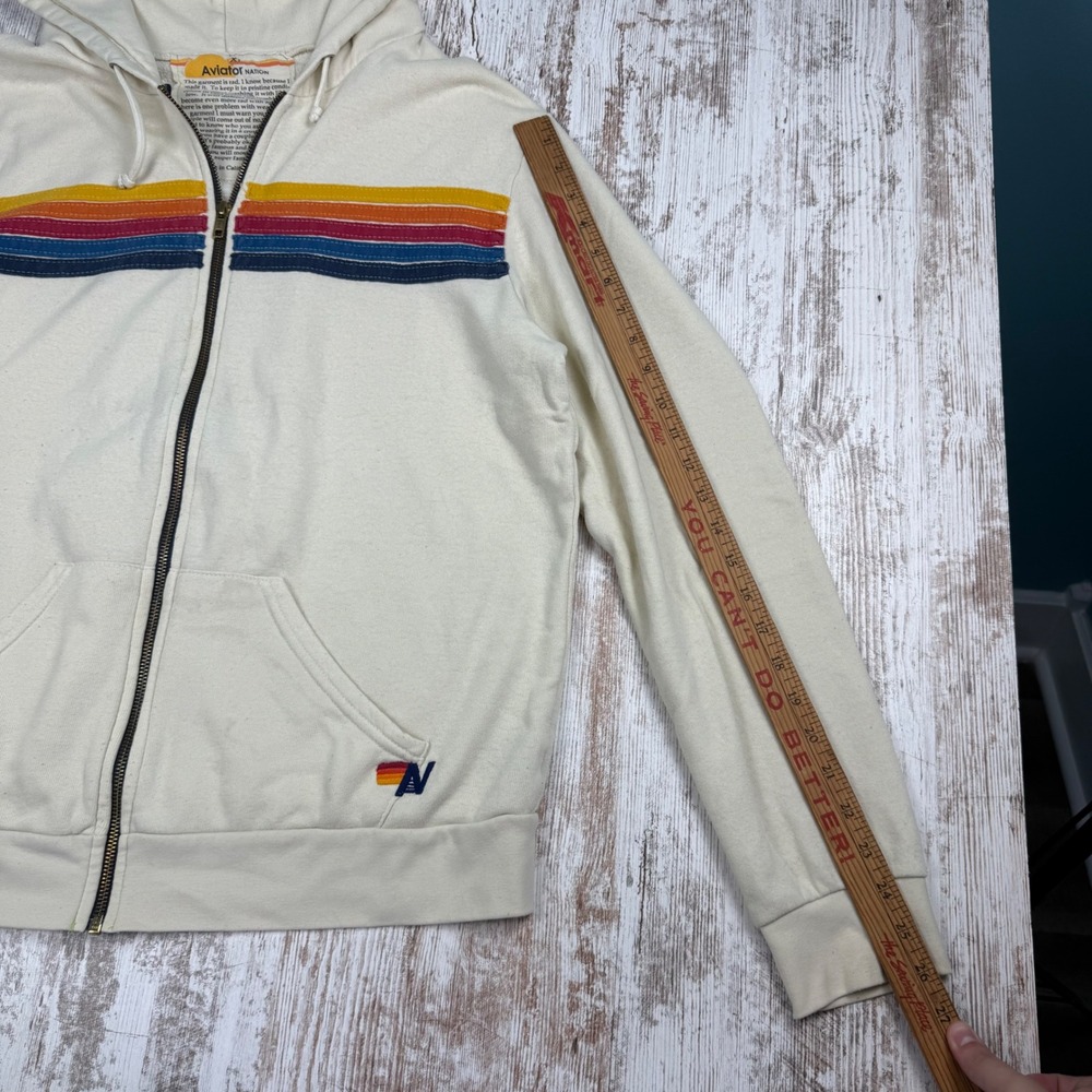 Aviator Nation 5-Stripe Rainbow Zip Up Hoodie Cream White XL Unisex Sweatshirt - Picture 6 of 11